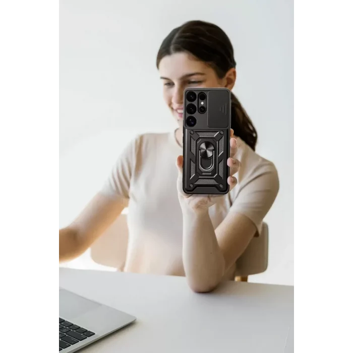 Mey İthalat®  Samsung Galaxy S25 Ultra Kılıf Pars Lens Yüzüklü Silikon - Siyah