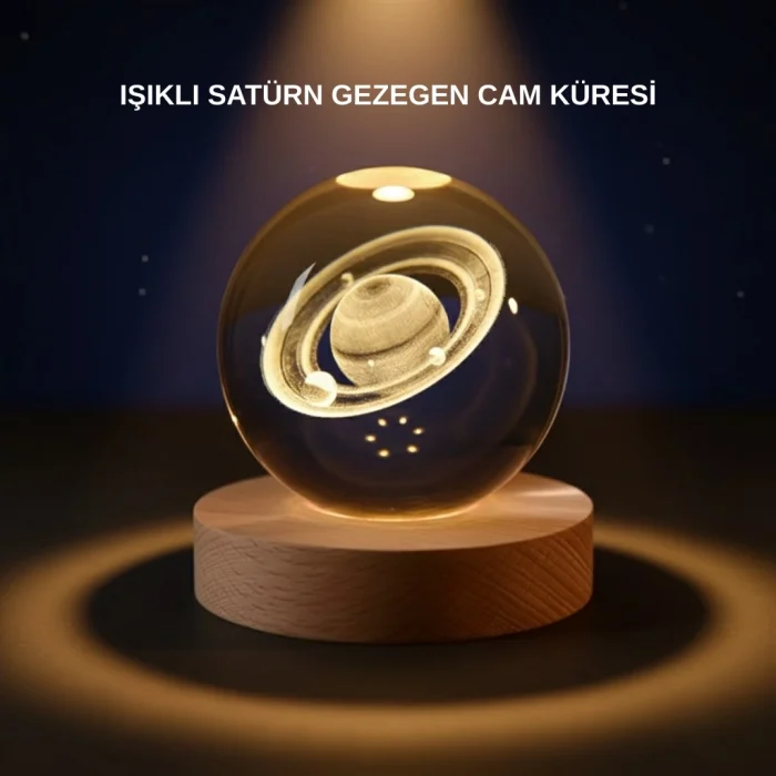 Mey İthalat® Satürn Desenli Kristal Küre LED Gece Lambası Ahşap Standlı