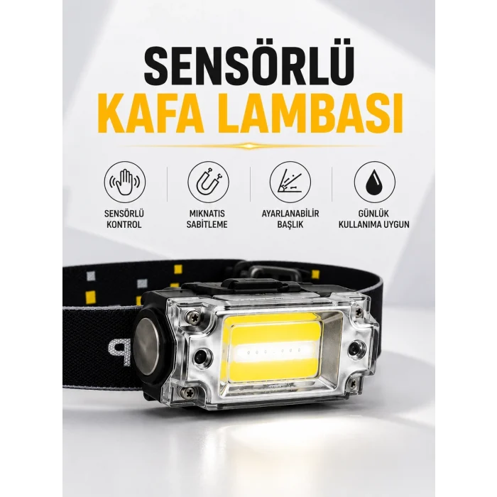 Mey İthalat® Sensör Kontrollü Şarjlı Beyaz LED Kafa Lambası ve El Feneri