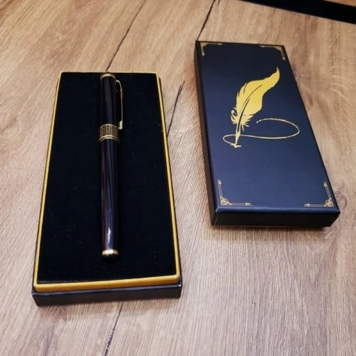 Mey İthalat® Siyah Kutulu Yaldız Desenli Metal Roller Kalem Seti