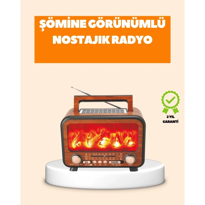 Mey İthalat® Şömine Alev Işıklı Solar Bluetooth Hoparlör – 7W Güçlü Ses, FM Radyo