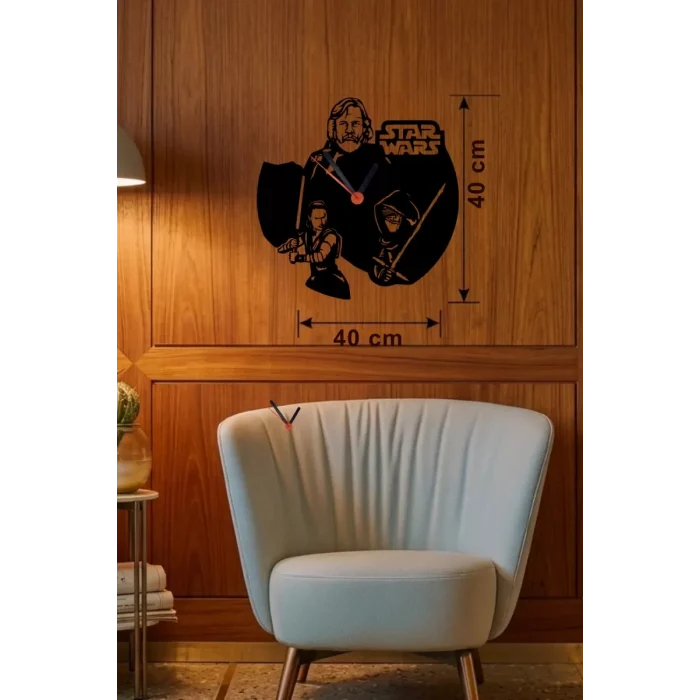 Mey İthalat® Star Wars Temalı Ahşap Duvar Saati - 40x40 cm Lazer Kesim Dekoratif