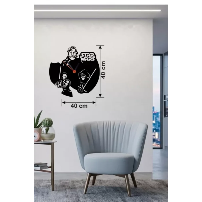 Mey İthalat® Star Wars Temalı Ahşap Duvar Saati - 40x40 cm Lazer Kesim Dekoratif