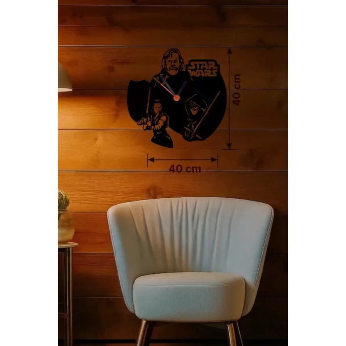 Mey İthalat® Star Wars Temalı Ahşap Duvar Saati - 40x40 cm Lazer Kesim Dekoratif