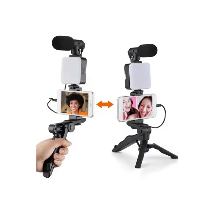 Mey İthalat® Telefon Tutucu Mikrofonlu Işıklı Youtuber Video Kayıt