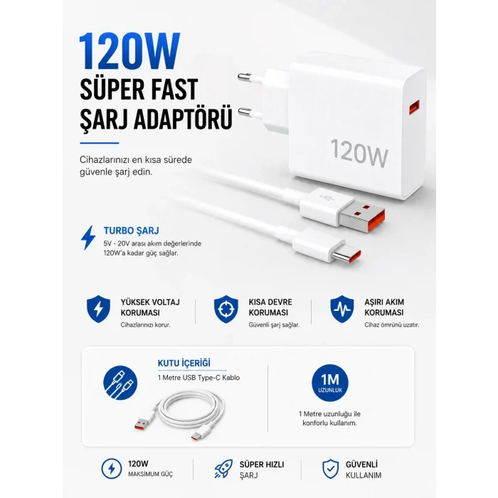 Mey İthalat® Turbo 120W Hızlı Şarj Cihazı Type-C Kablolu