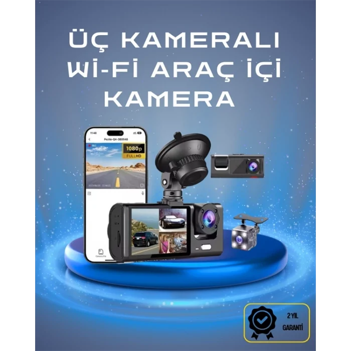 Mey İthalat® Üç Kameralı 1080p Full HD Araç İçi Kamera – G-Sensörlü ve Gece Görüşlü