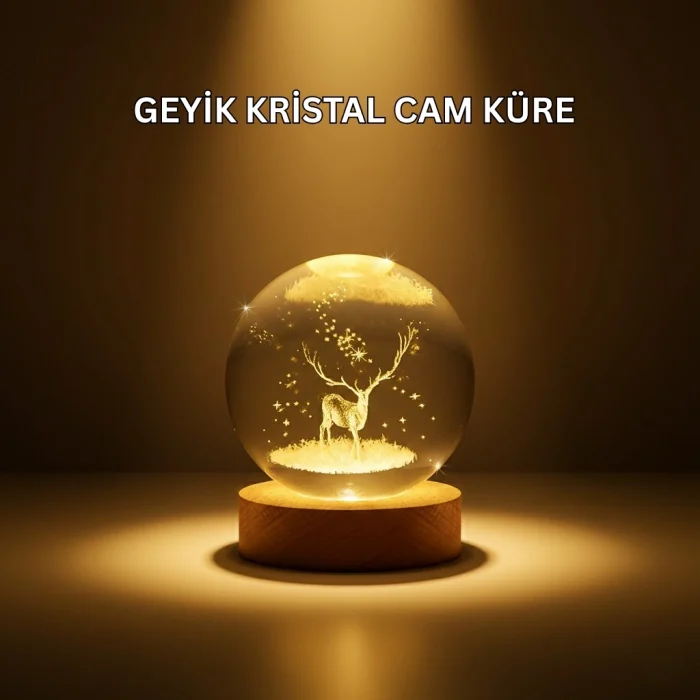 Mey İthalat® USB Bağlantılı Geyik Temalı Kristal Küre Premium Masa Gece Lambası