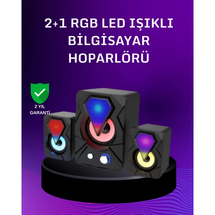 Mey İthalat® USB Bağlantılı RGB 2.1 Hoparlör Seti Derin Bas ve Renkli Işık