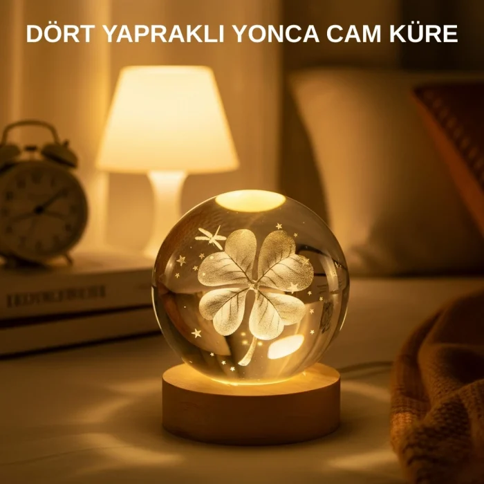Mey İthalat® USB Bağlantılı Yonca Bitkili Cam Küre Ahşap Altlıklı Dekoratif Lamba
