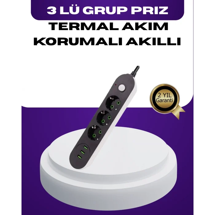 Mey İthalat® USB Yuvalı Anahtarlı Üçlü Priz 2 Metre Kablolu
