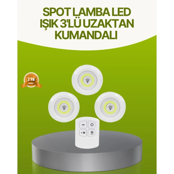 Mey İthalat® Uzaktan Kumandalı 3 Lü Kablosuz Led Spot Lamba Seti Yapışkanlı Pratik Kullanım