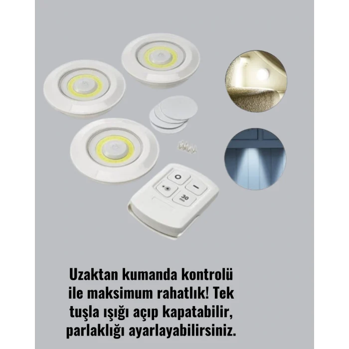 Mey İthalat® Uzaktan Kumandalı 3 Lü Kablosuz Led Spot Lamba Seti Yapışkanlı Pratik Kullanım