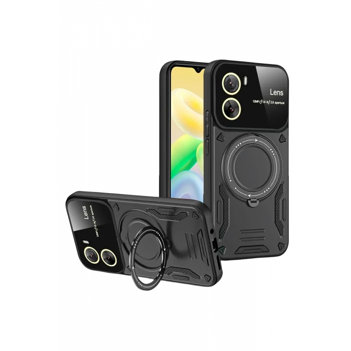 Mey İthalat®  Vivo Y16 Kılıf Joy Lens Standlı Kapak - Siyah