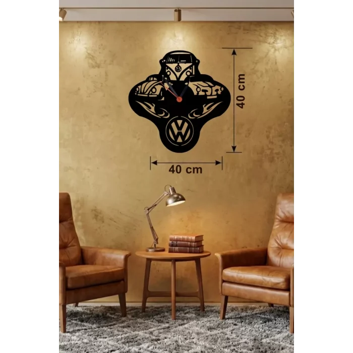 Mey İthalat® Vosvos ve Retro Araba Temalı Ahşap Duvar Saati - 40x40 cm Lazer Kesim