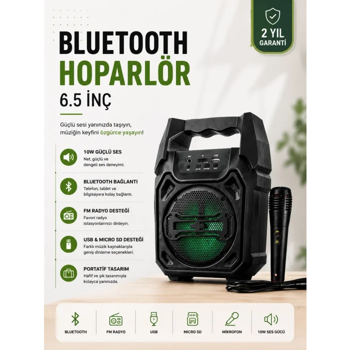 Mey İthalat® Yeni Nesil 6.5 İnç Bluetooth Hoparlör Mikrofonlu Taşınabilir Ses Sistemi