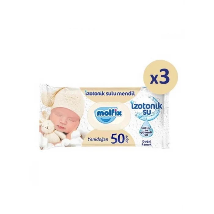 Mey İthalat® Yenidoğan İzotonik Sulu Doğal Pamuk Islak Havlu Mendil 3Lü 150 Yaprak