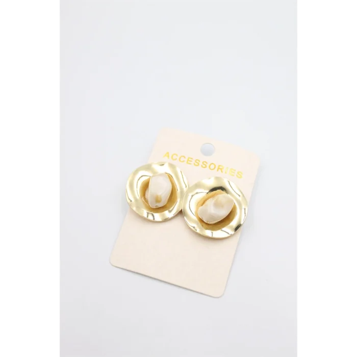 Taşlı Metal Küpe - Krem
