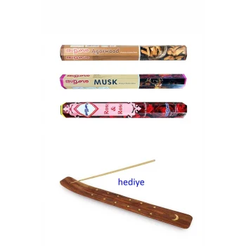 3 Paket 20 Çubuklu Tütsü Musk - Wood - Red Rose - Kayık Hediyeli