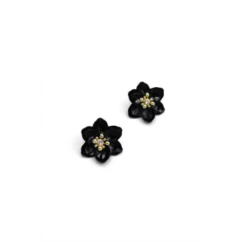 Lotus Çiçek Küpe - Siyah