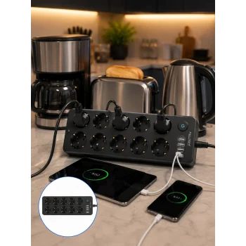 Mey İthalat® 10lu Çoklu Priz USB ve Type-C Şarj Girişli Akım Korumalı Grup Priz
