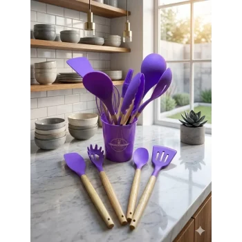 Mey İthalat® 12 Parça Bambu Saplı Silikon Mutfak Gereçleri Seti - Mor Mutfak Servis Seti
