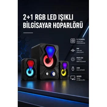 Mey İthalat® 2+1 RGB LED Işıklı Güçlü Bas Sistemli Bilgisayar Hoparlörü