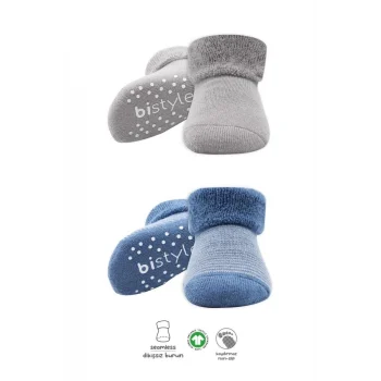 Mey İthalat®   2Li Çemberli Kaymaz Havlu Soket Çorap 10503 İndigo Gri