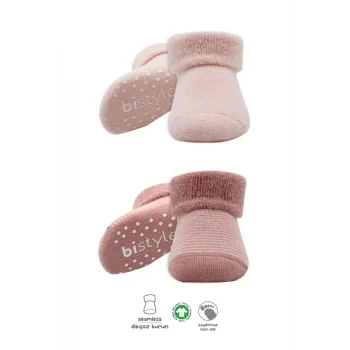 Mey İthalat®   2Li Çemberli Kaymaz Havlu Soket Çorap 10503 Pudra Pembe