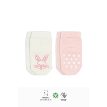 Mey İthalat®   2Li Hayvan Figürlü Kaymaz Soket Çorap 10104 Pembe Ekru