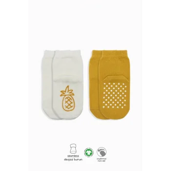 Mey İthalat®   2Li Meyve Figürlü Kaymaz Soket Çorap 10105 Ekru Hardal