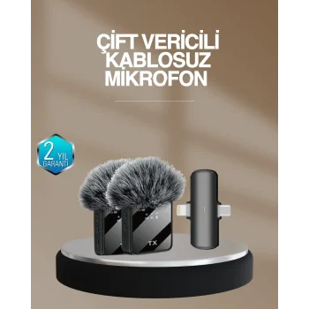 Mey İthalat® 2’li Kablosuz Yaka Mikrofonu Type-C ve Lightning Uyumlu Profesyonel Set