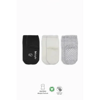 Mey İthalat®   3Lü Basic Kaymaz Penye Soket Çorap 10107 Siyah Ekru Gri