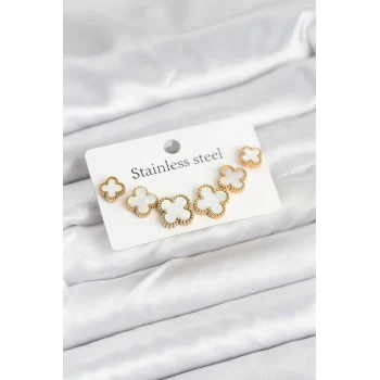 Mey İthalat® 316L Çelik Gold Beyaz Renk 3 Boy Yonca Küpe Seti