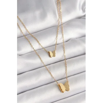 Mey İthalat® 316L Çelik Gold Renk 2Li Simli Kelebek Model Kadın Kolye