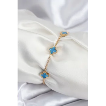Mey İthalat® 316L Çelik Gold Renk Buz Mavisi Baby Boy Yonca Kadın Bileklik