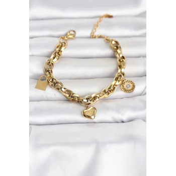 Mey İthalat® 316L Çelik Gold Renk Charmlı Kalın Burgu Model Kadın Bileklik