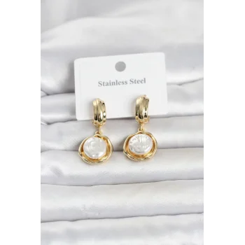 Mey İthalat® 316L Çelik Gold Renk İnci Detaylı Kadın Küpe