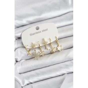 Mey İthalat® 316L Çelik Gold Renk Yıldız Model Zirkon Taşlı Kadın Küpe Seti