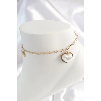 Mey İthalat® 316L Çelik Gold Renk Zincir Model 3D İnci Kalp Model Kadın HalHal