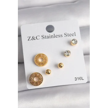 Mey İthalat® 316L Çelik Gold Renk Zirkon Taşı Labirent Model Kadın Küpe Seti