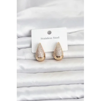 Mey İthalat® 316L Çelik Gold Renk Zirkon Taşlı Damla Model Kadın Küpe