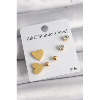 Mey İthalat® 316L Çelik Gold Renk Zirkon Taşlı Kalpli Kadın Küpe Seti