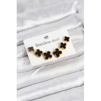 Mey İthalat® 316L Çelik Gold Siyah Renk 3 Boy Yonca Küpe Seti