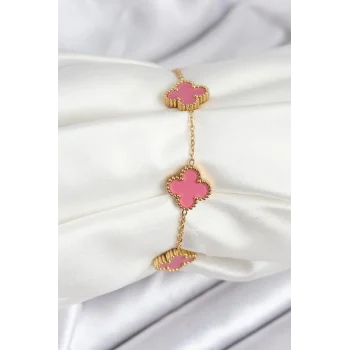 Mey İthalat® 316L Çelik Gold Zincir Pembe Yonca Renk Bileklik