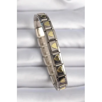 Mey İthalat® 316L Çelik Gümüş Renk Gold Kalp İşleme Nomination Charm Bileklik