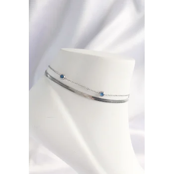 Mey İthalat® 316L Çelik Gümüş Renk Nazar Boncuk Tasarımlı 2li Halhal