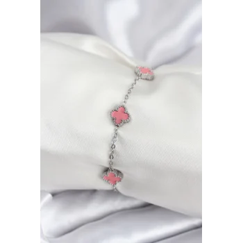 Mey İthalat® 316L Çelik Gümüş Renk Pembe Baby Boy Yonca Kadın Bileklik