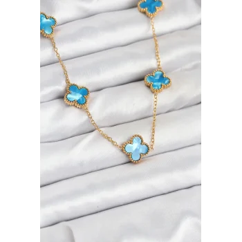 Mey İthalat® 316L Çelik Zincir Gold Buz Mavisi Renk Yonca Kolye