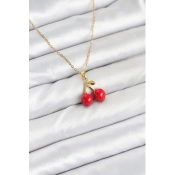 Mey İthalat® 316L Çelik Zincir Gold Renk Kiraz Model Kadın Kolye